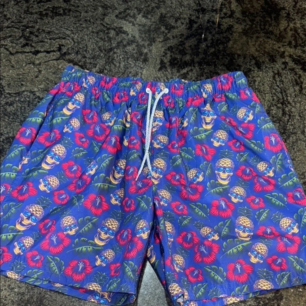 Tailorbyrd Blue Floral Skull pineapple  Swim Shorts